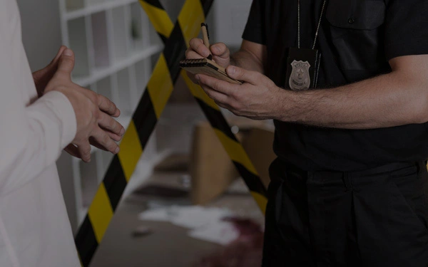 A police officer takes notes at a crime scene with caution tape in the background and a stain on the floor.