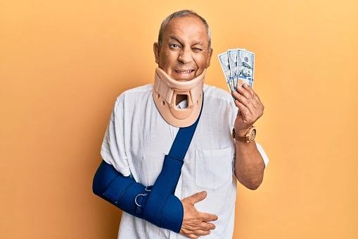 An older man wearing a neck brace and arm sling smiles while holding several banknotes against an orange background.