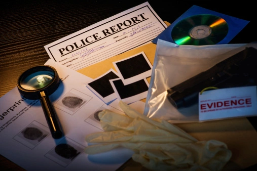 Police investigation items include a police report, photos, a CD, latex gloves, fingerprint sheets, a magnifying glass, a plastic evidence bag, and a small black object.