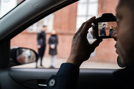 Person in a car takes a photo through the window of two people standing outside in front of a brick wall.